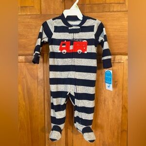 Carter's Navy and Gray Striped Footie with Red Fire Truck